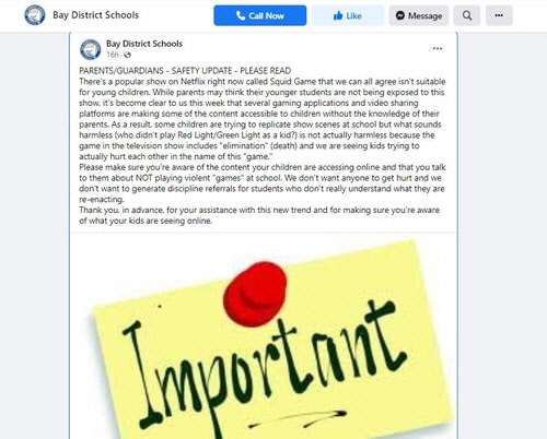 미국 베이 디스트릭트 공립학교 공문[학교 페이스북 발췌]